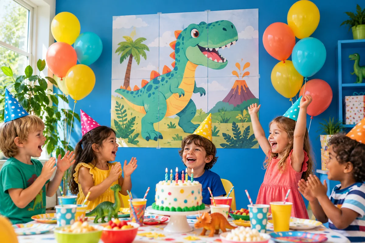 Póster de dinosaurios de colores detrás de una fiesta de cumpleaños infantil