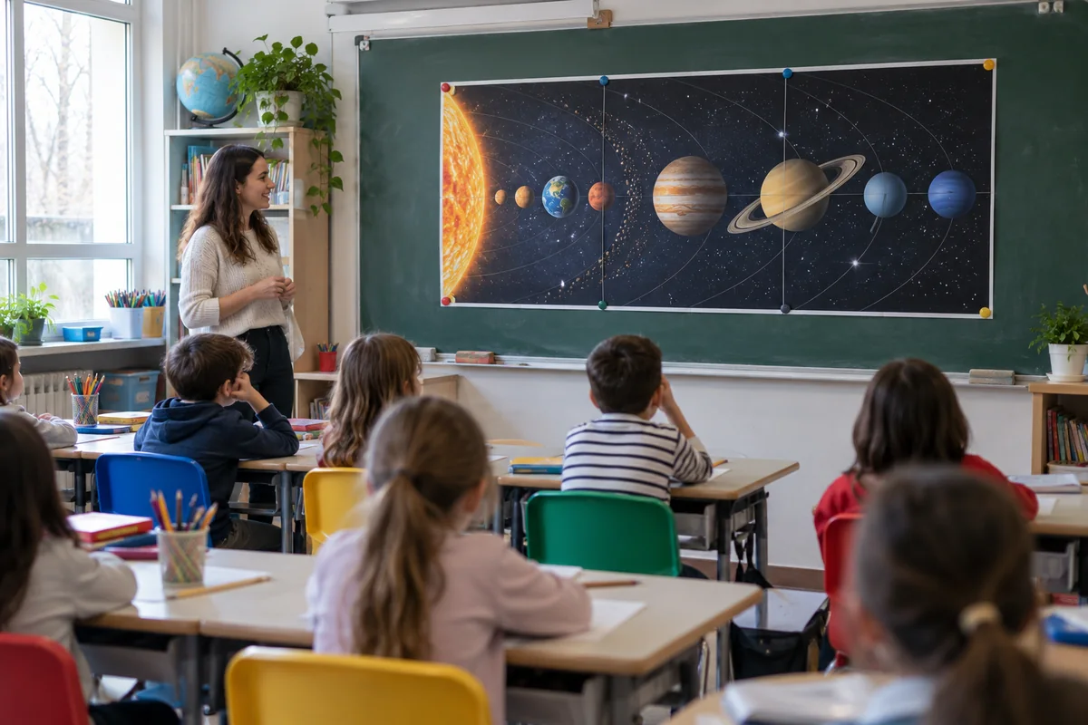 Póster educativo del sistema solar en la pizarra de un aula
