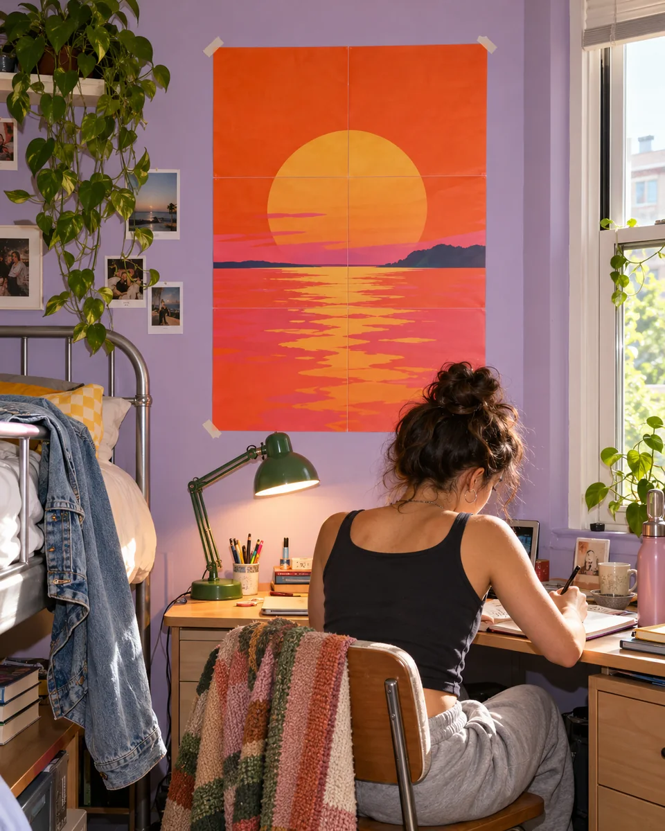 Póster de un atardecer naranja y rosa sobre un escritorio de dormitorio estudiantil