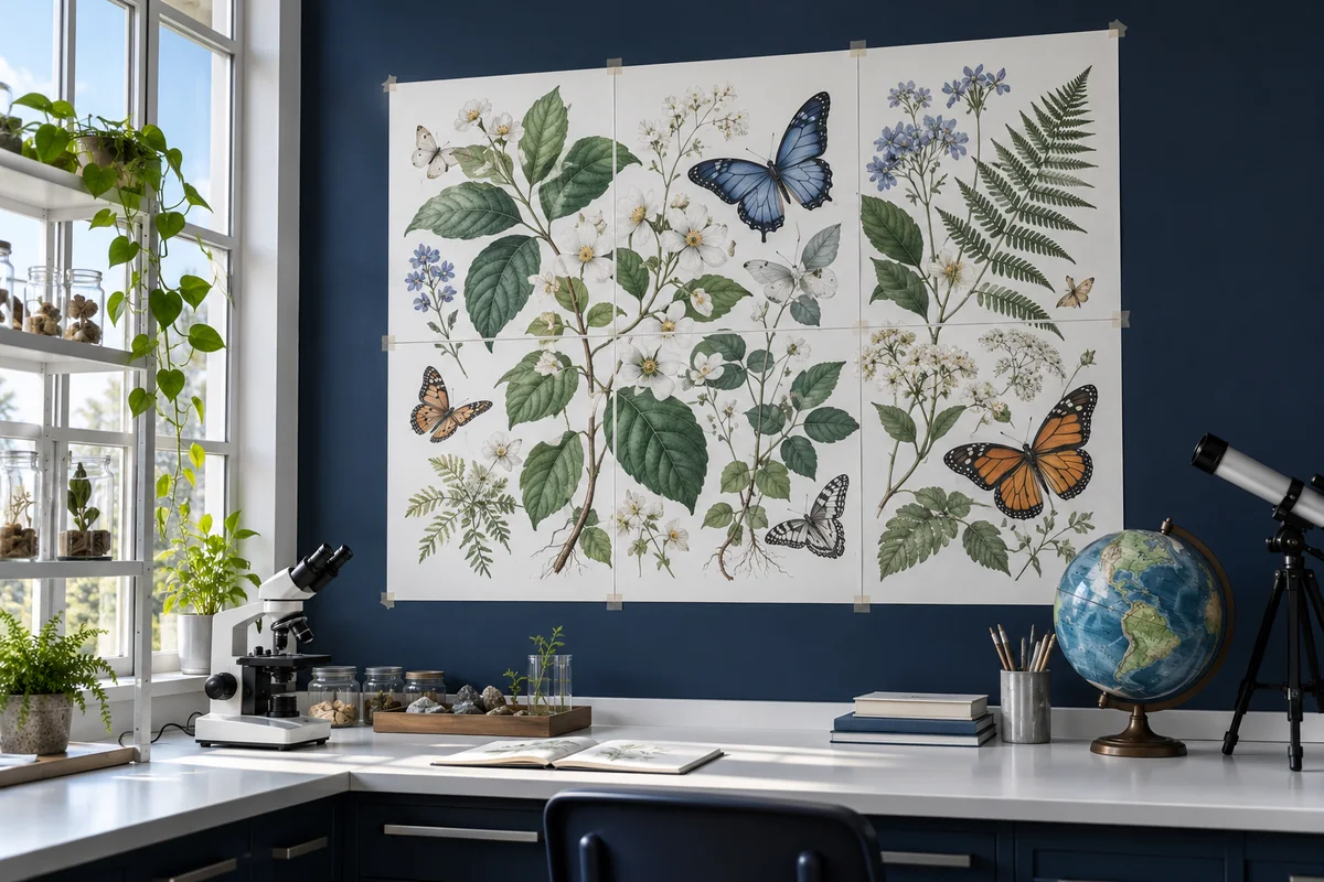 Póster de plantas y mariposas en un rincón de ciencias naturales