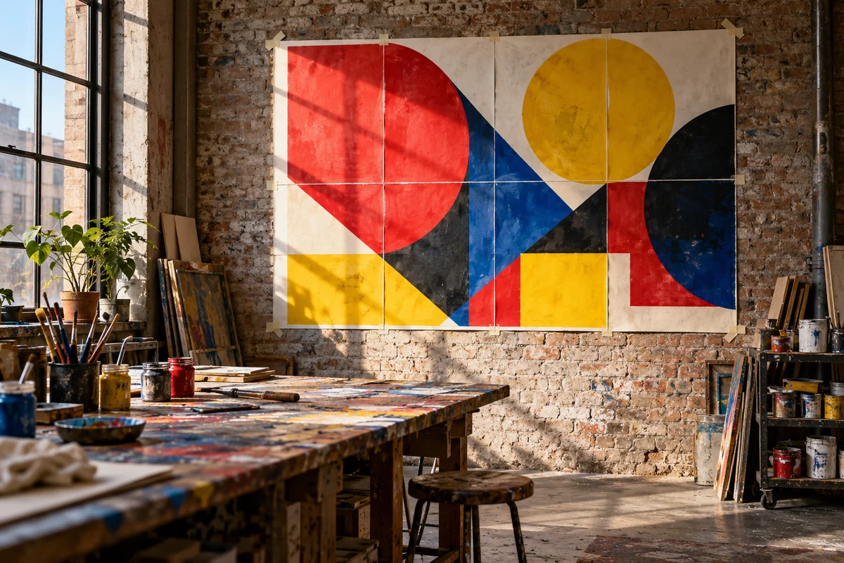 Póster geométrico rojo, amarillo y azul en una pared de ladrillo de un estudio artístico