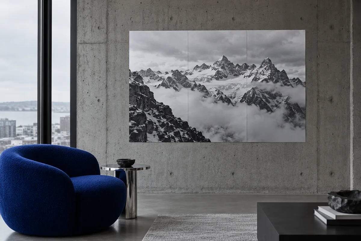 Póster de montañas en blanco y negro en una sala moderna