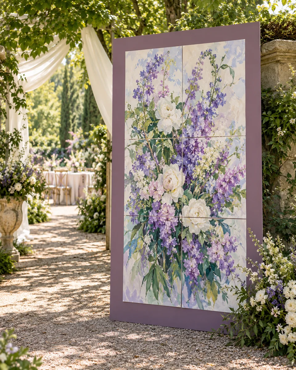 Póster floral expuesto en una boda al aire libre